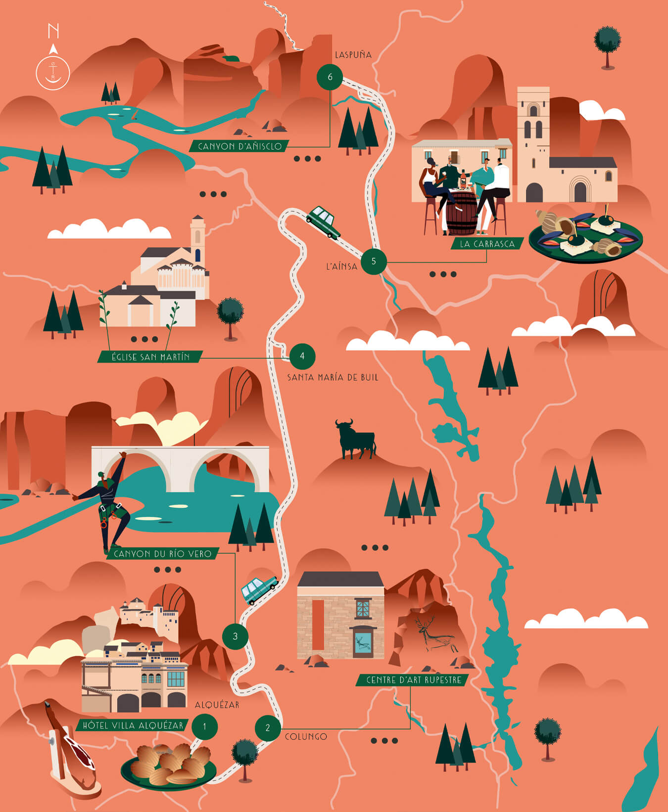 Aragon Illustrated map, carte illustrée de la régiond'Aragon, Espagne, Alquezar, Le Monde, 