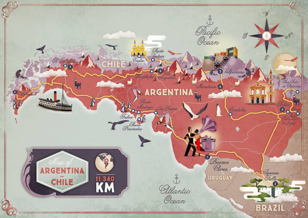 Illustrated map of Argentina-Chile, carte Amerique du Sud, Argentine, Chili, Buenos Aires