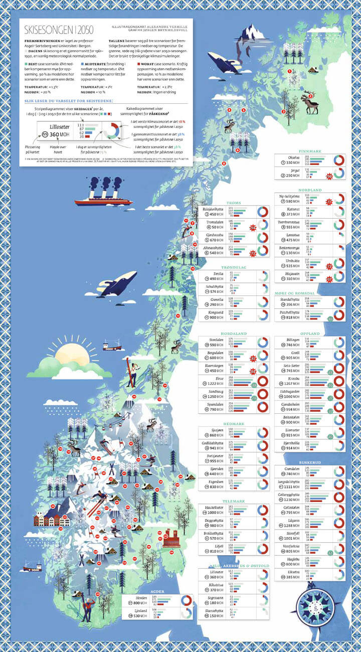 Carte des pistes de ski en Norvège en 2050, affiche, poster, illustration de ski, montagne, D2 magasine © Atelier Cartographik