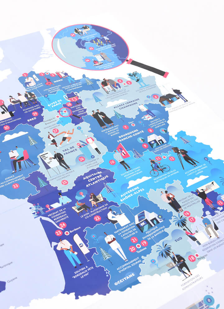 Banque populaire, guide RSE, bilan entreprise, rapport activité, design graphique, Atelier cartographik