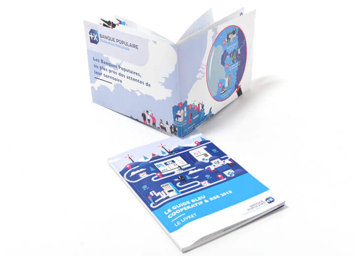 Banque populaire, guide RSE, bilan entreprise, rapport activité, design graphique, Atelier cartographik