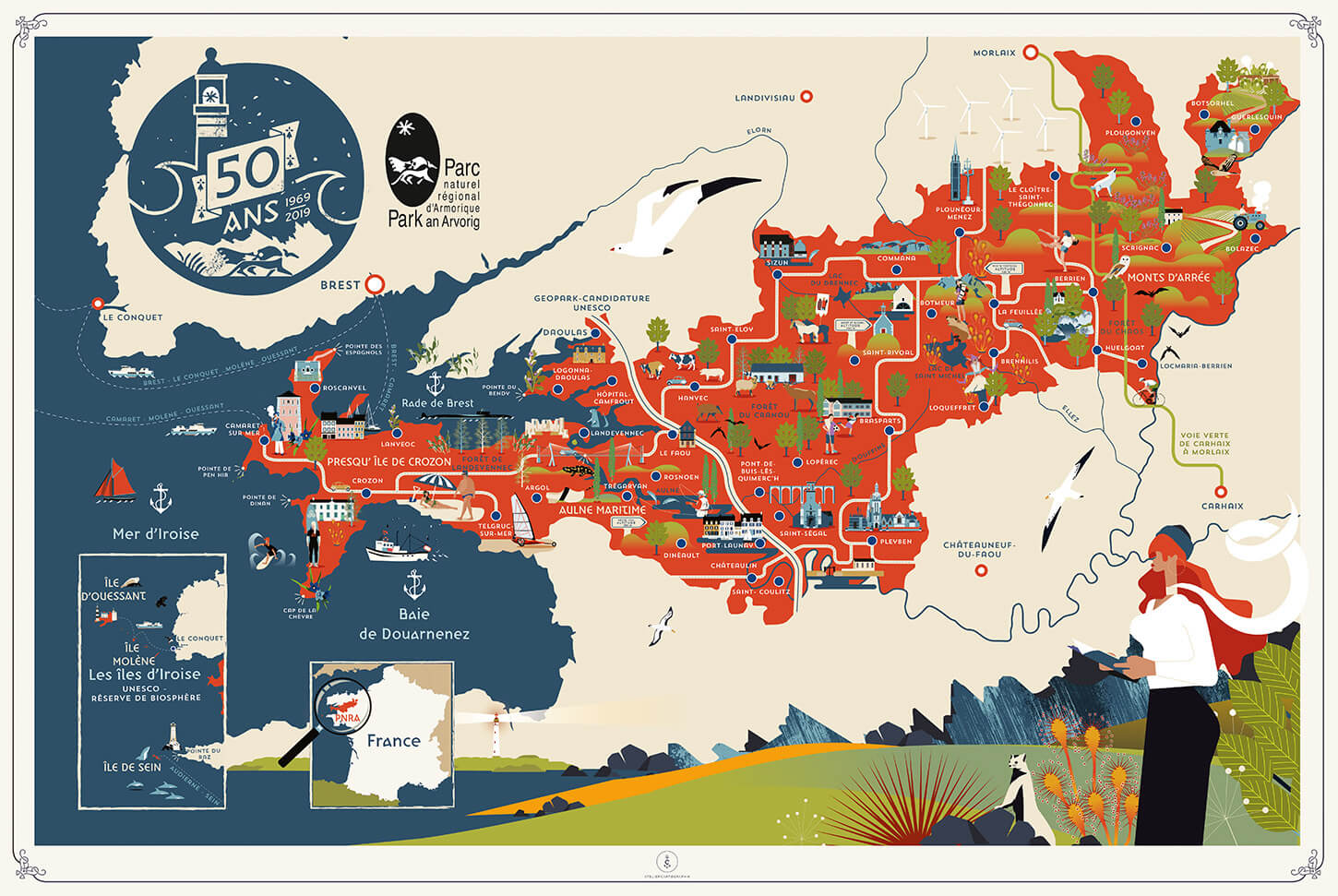 cartographie touristique, parc naturel, bretagne, finistère, armorique, illustrated maps