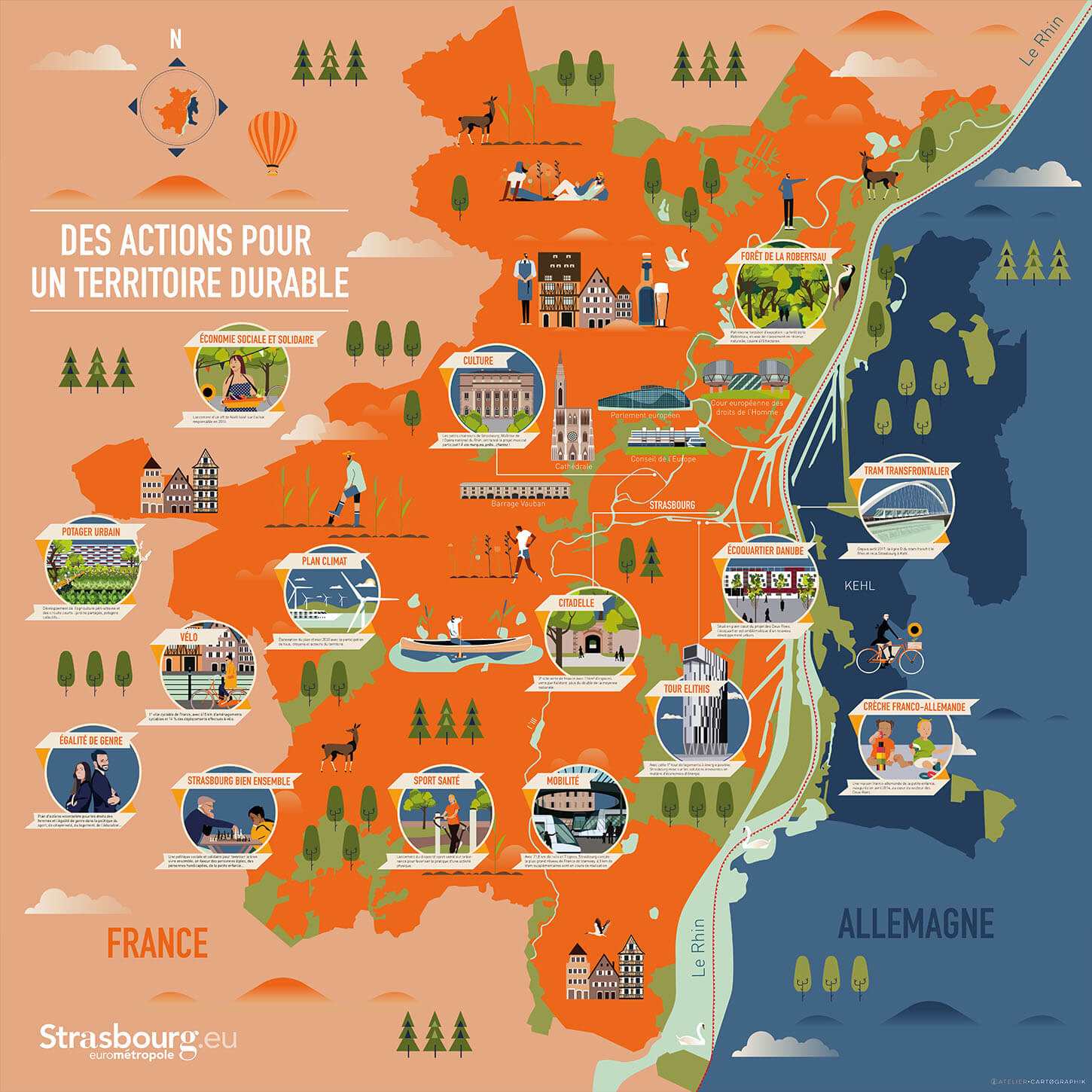 carte illustrée, Strasbourg, Eurométropole, développement durable, écologie, AFD, Agence française de développement illustrated maps