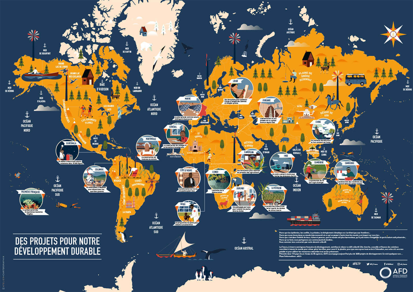 carte du Monde, Mappemonde, développement durable, écologie, AFD, Agence française de développement illustrated maps