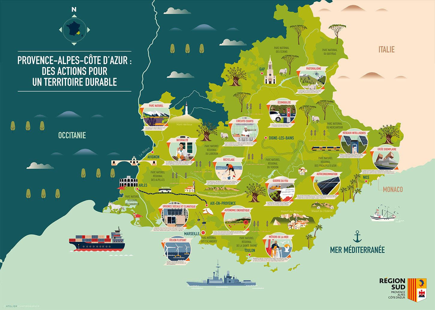 carte illustrée, région PACA, Marseille, développement durable, écologie, AFD, Agence française de développement illustrated maps