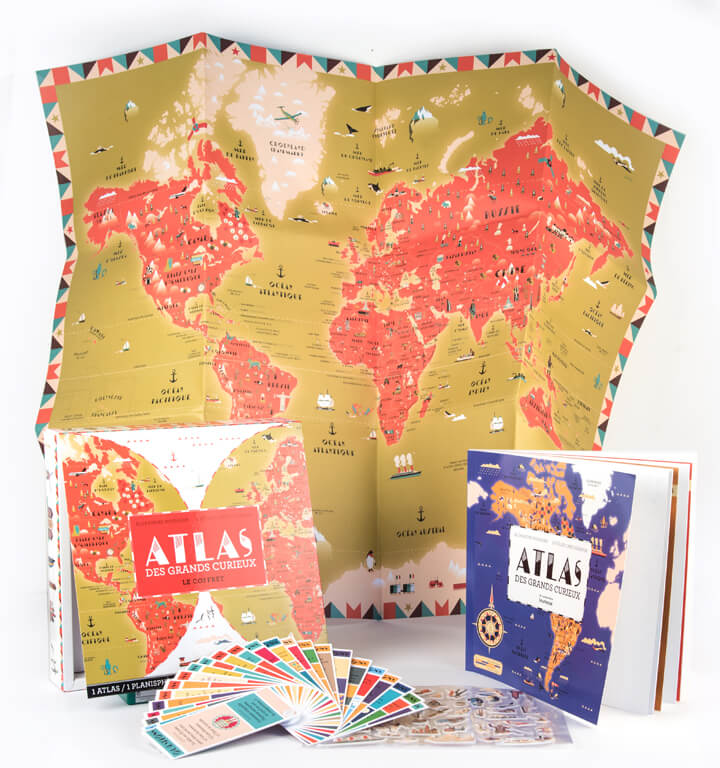 Atlas des grands curieux, world map, packaging, children's book, quizz, atelier Cartographik