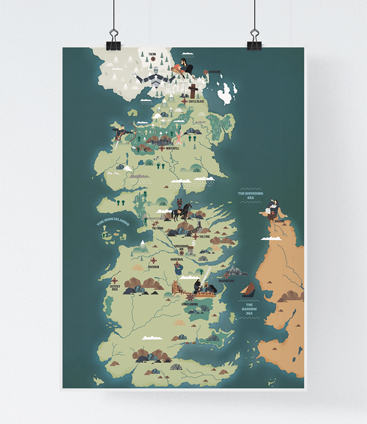  Games of thrones the Illustrated map, carte illustrée de la série Games of Thrones, winter is coming