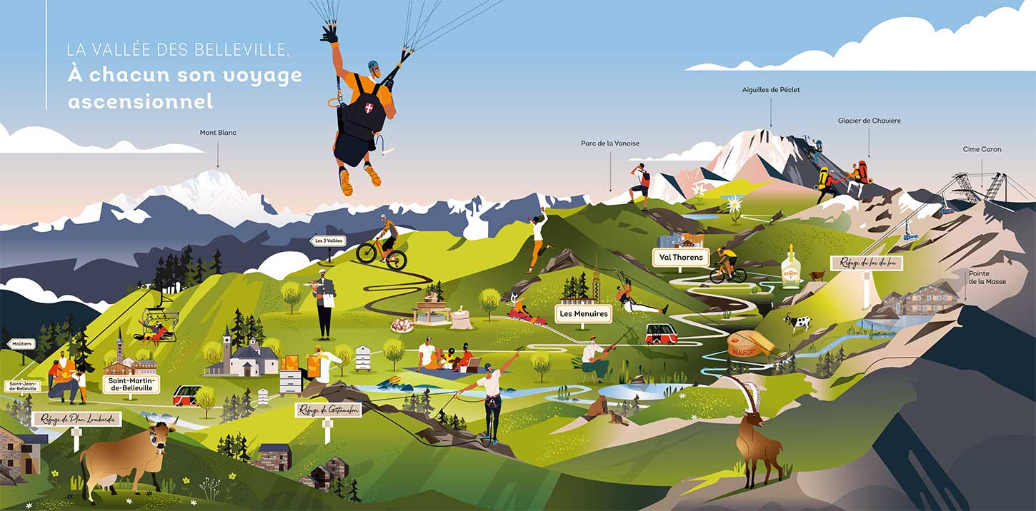 carte touristique, vallée des Belleville, illustration touristique, affiche, poster, illustration, Val Thorens, Les menuires, Saint Martin de Belleville, © Atelier Cartographik