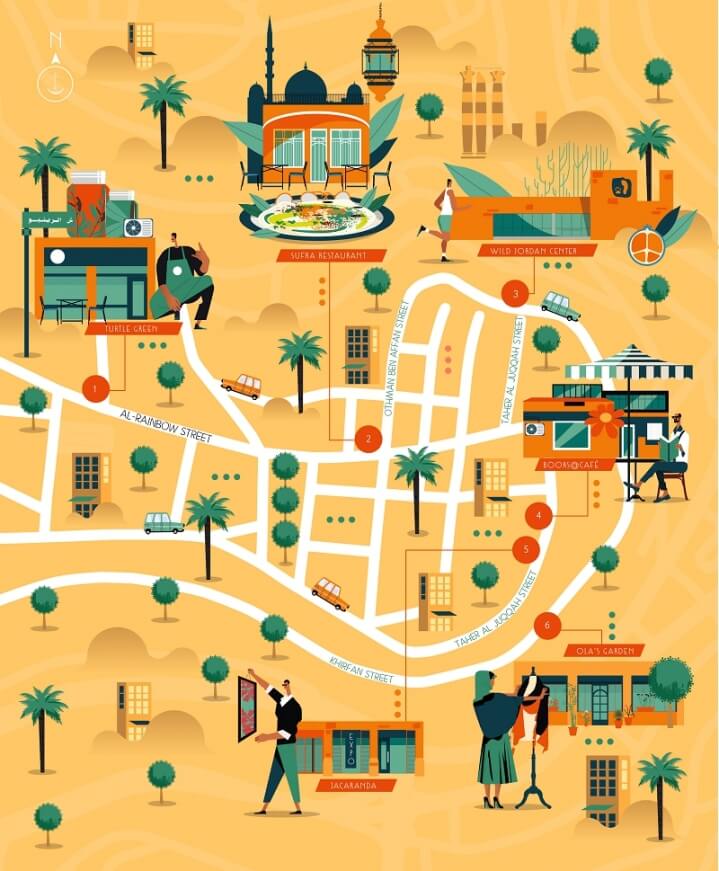 carte illustrée Amman, Le Monde magasine, cartographie, carte touristique, illustrations graphiques | L'Atelier Cartographik
