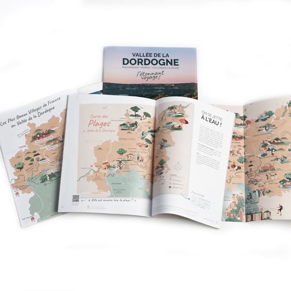 carte des plages de Dordogne, carte touristique, carte illustrée, vallée de la Dordogne, office de tourisme, communication | L'Atelier Cartographik