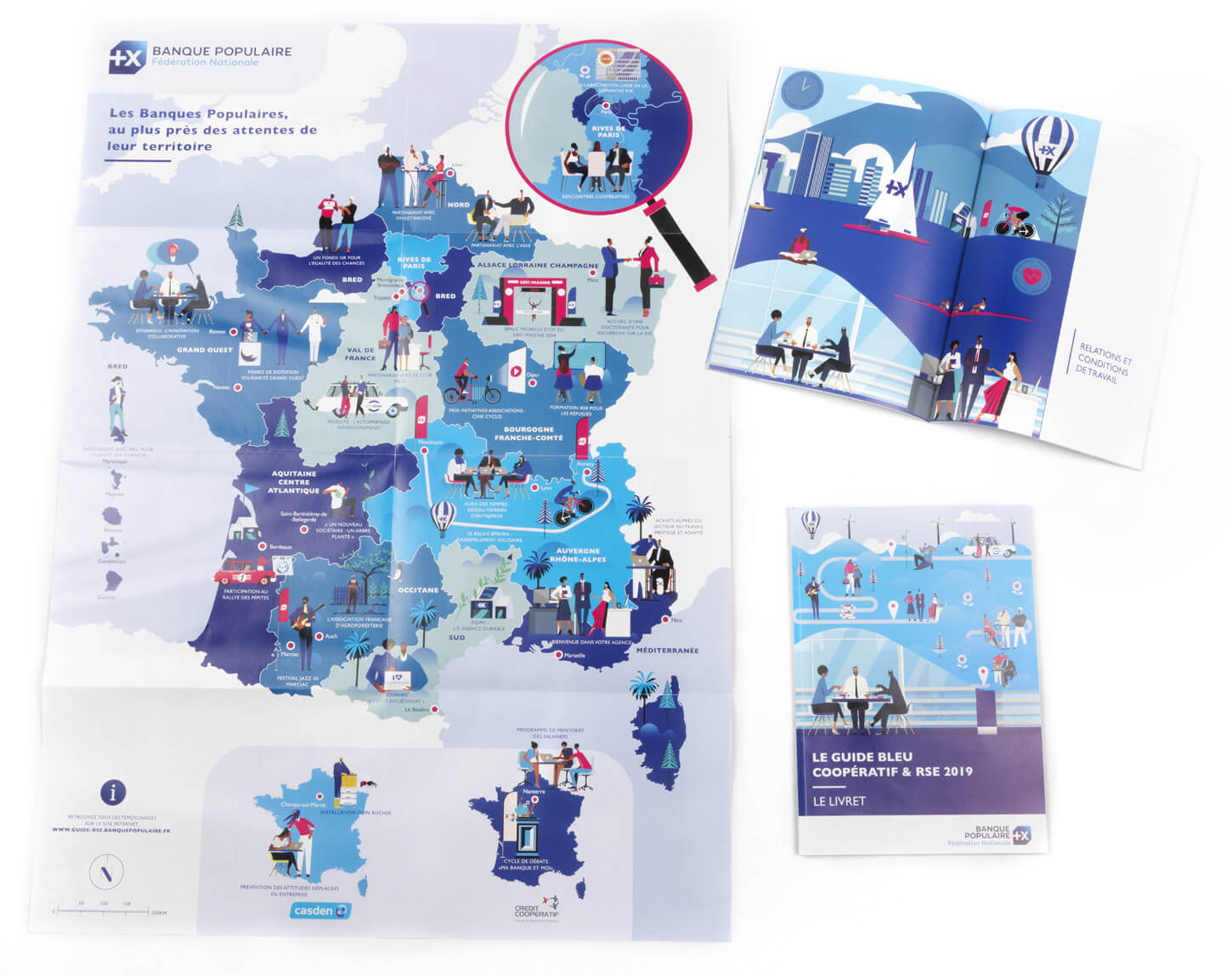 Illustrated map, banque populaire, communication originale, carte de France, RSE, Atelier Cartographik