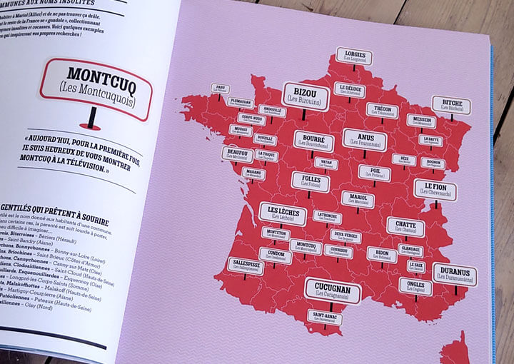 carte de France, carte des noms de commune insolite, Le fion, Montcuq, Anus, Chatte | Atelier Cartographik, voilier, tour du Monde