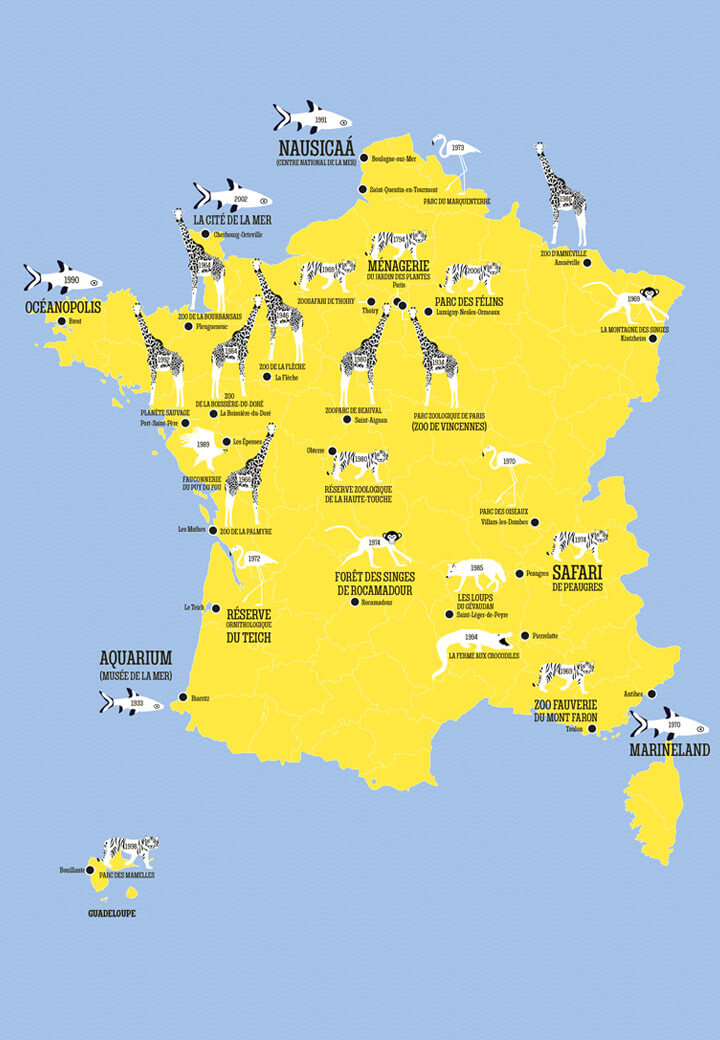 cartes des Zoos et aquarium de France, zoo de Vincennes, Océanopolis, Nausicaa, illustration, girafe, poisson, singe, crocodile | L'Atelier Cartographik