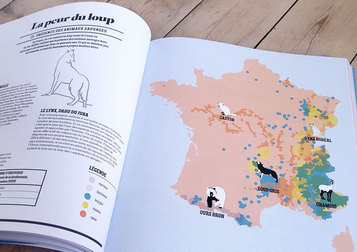 carte de présence des animaux sauvages en France, loup gris, chamois, Lynx boréal, castor, ours brun, biodiversité | Atelier Cartographik, tour du Monde, Maewan