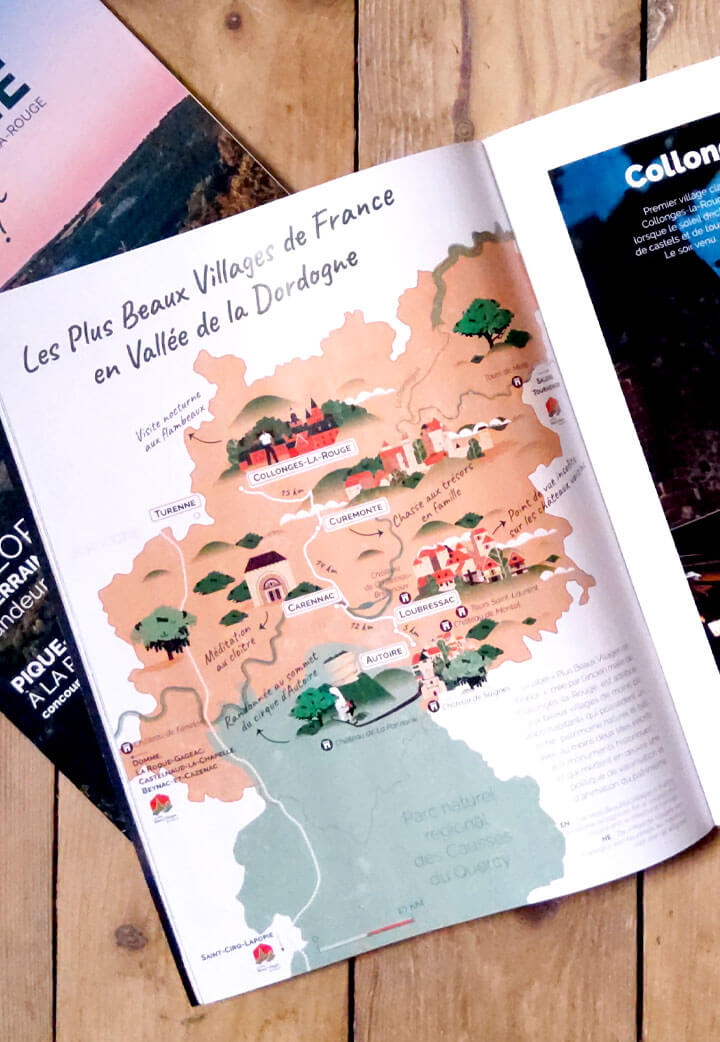 carte illustrée de la vallée de la Dordogne, les plus beaux villages de France illustrés, carte touristique © L'Atelier Cartographik