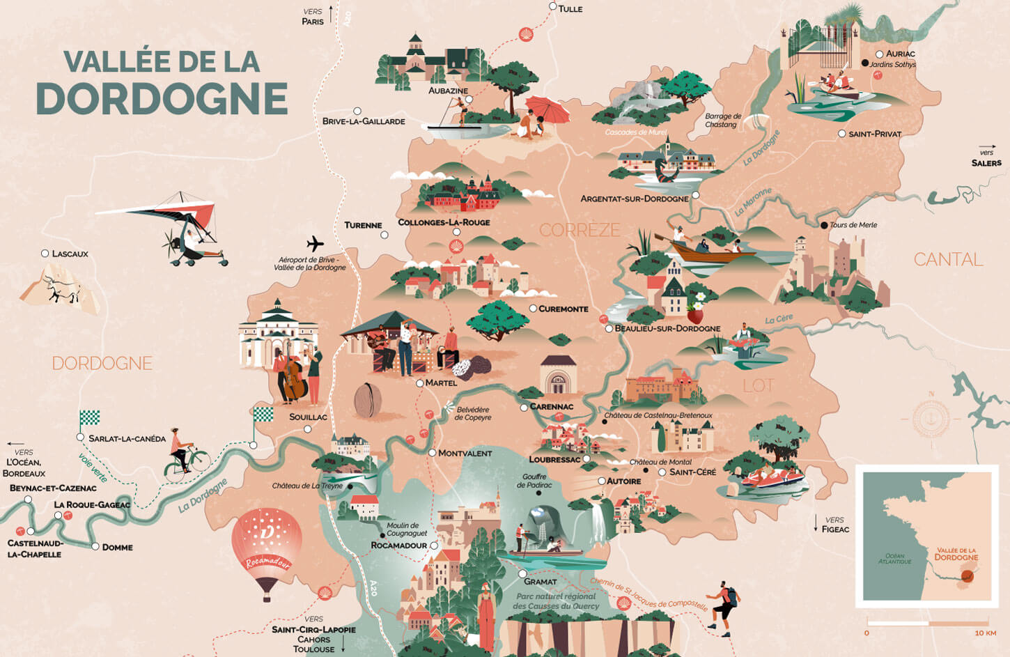 carte touristique illustrée de la vallée de la Dordogne © L'Atelier Cartographik