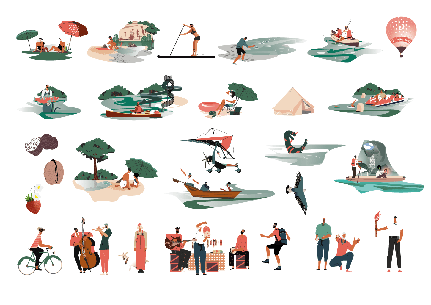 Illustration de personnages, illustration activités outdoor, illustration baignade, Dordogne, illustration Lascaux © L'Atelier Cartographik