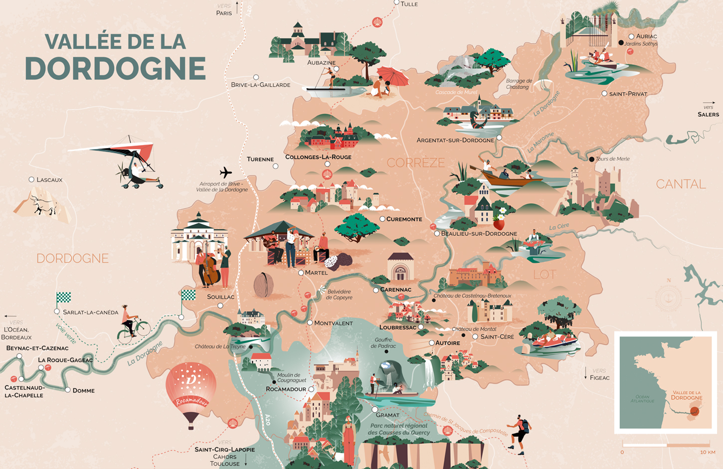 carte touristique illustrée de la vallée de la Dordogne © L'Atelier Cartographik