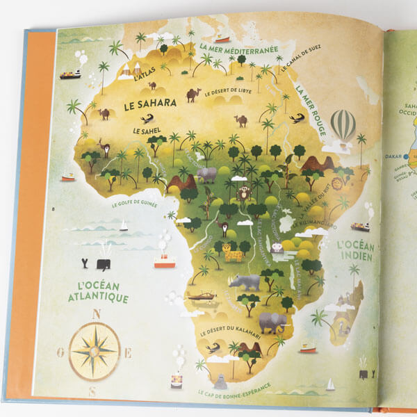 Atlas illustré, cartes illustrées, carte d'Afrique illustrée, Sahara, chameau © L'Atelier Cartographik