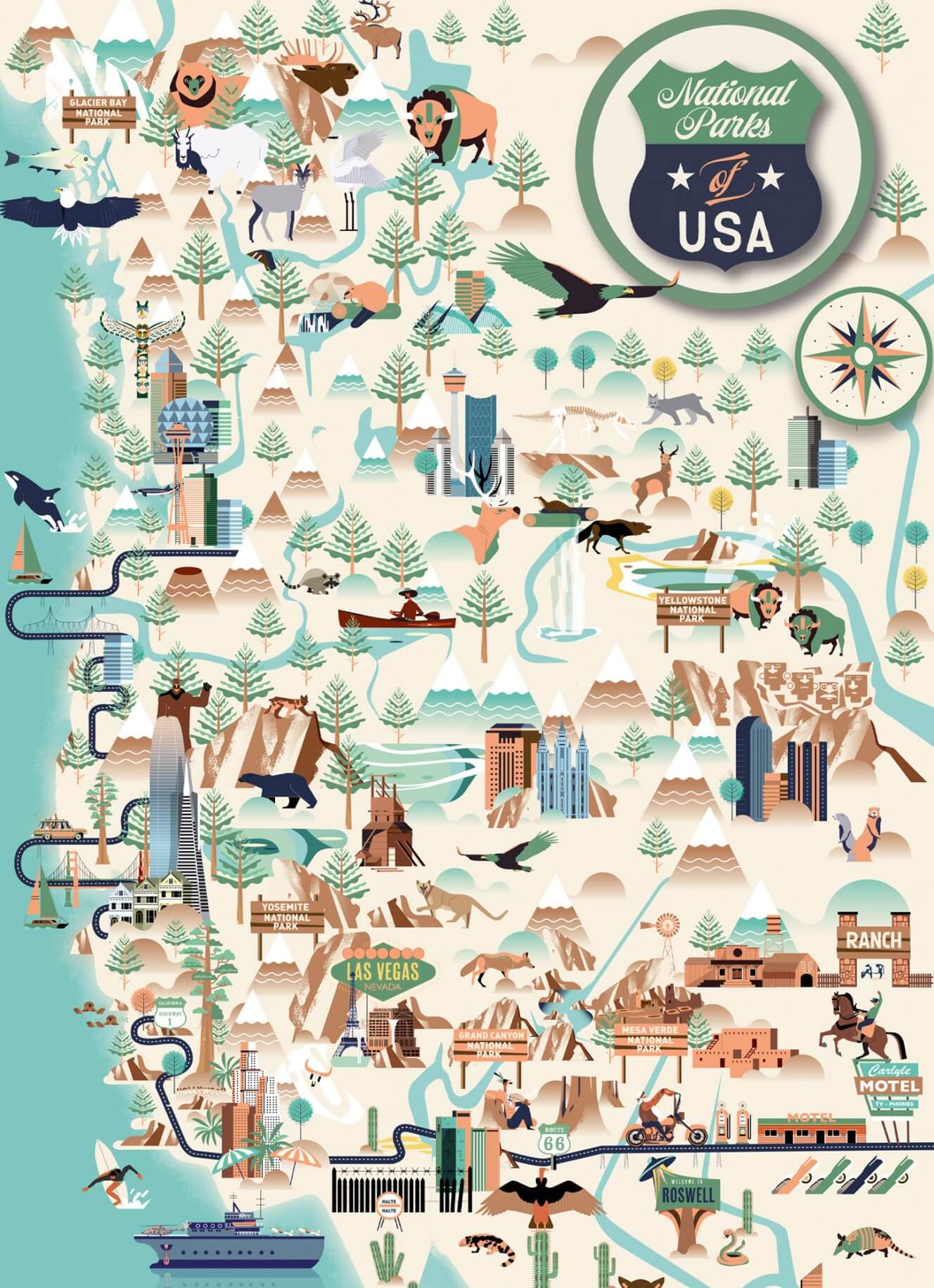 Atlas illustré, cartes illustrées, carte du parc national de Yellowstone, edition jeunesse, © L'Atelier Cartographik