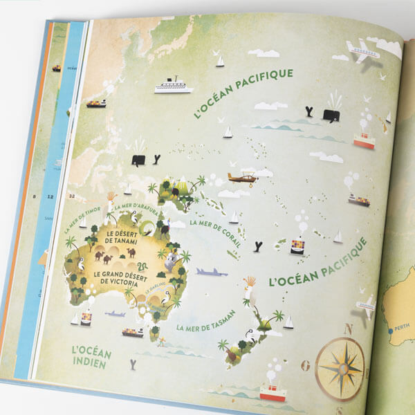 Atlas illustré, cartes illustrées, carte d'Océanie, carte d'Australie, edition jeunesse, desert de Victoria © L'Atelier Cartographik