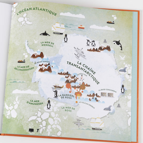 Atlas illustré, cartes illustrées, carte d'Antarctique, edition jeunesse, baleine, pingouin © L'Atelier Cartographik