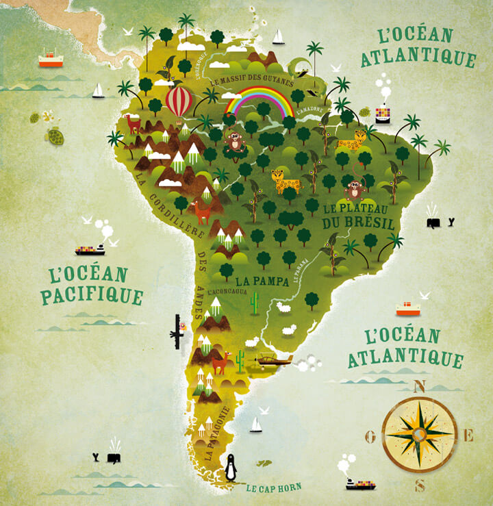 Atlas illustré, cartes illustrées, carte d'Amérique du Sud, cordillère des andes © L'Atelier Cartographik