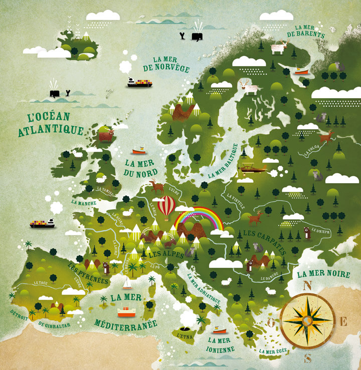 Atlas illustré, cartes illustrées, carte d'Europe, Les Carpates, les Alpes, Les Pyrénées © L'Atelier Cartographik