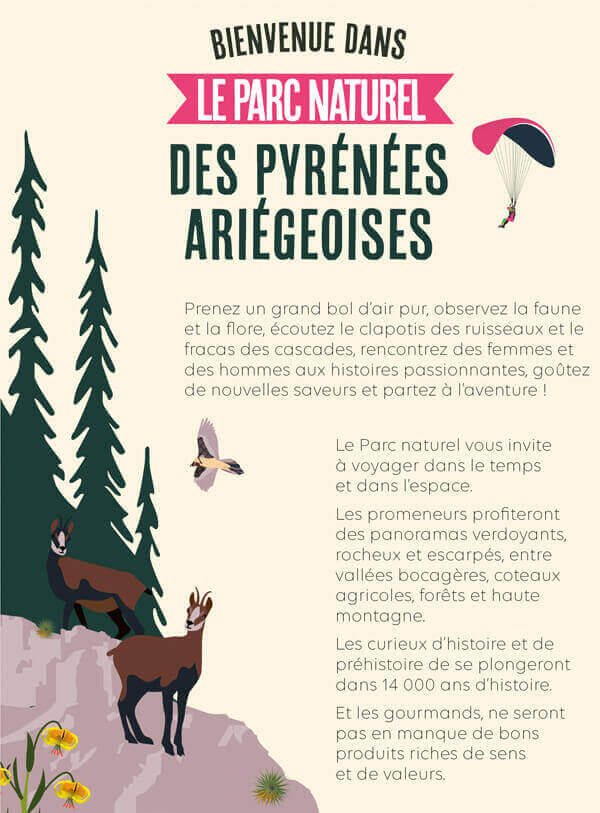 Dépliant graphique, parc naturel régional, illustration bouquetin, Pyrénées Ariégeoises © L'Atelier Cartographik