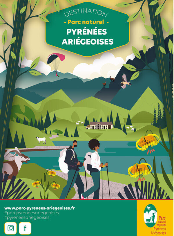 Illustration parc naturel régional Pyrénées Ariégeoises, brochure, graphique © L'Atelier Cartographik