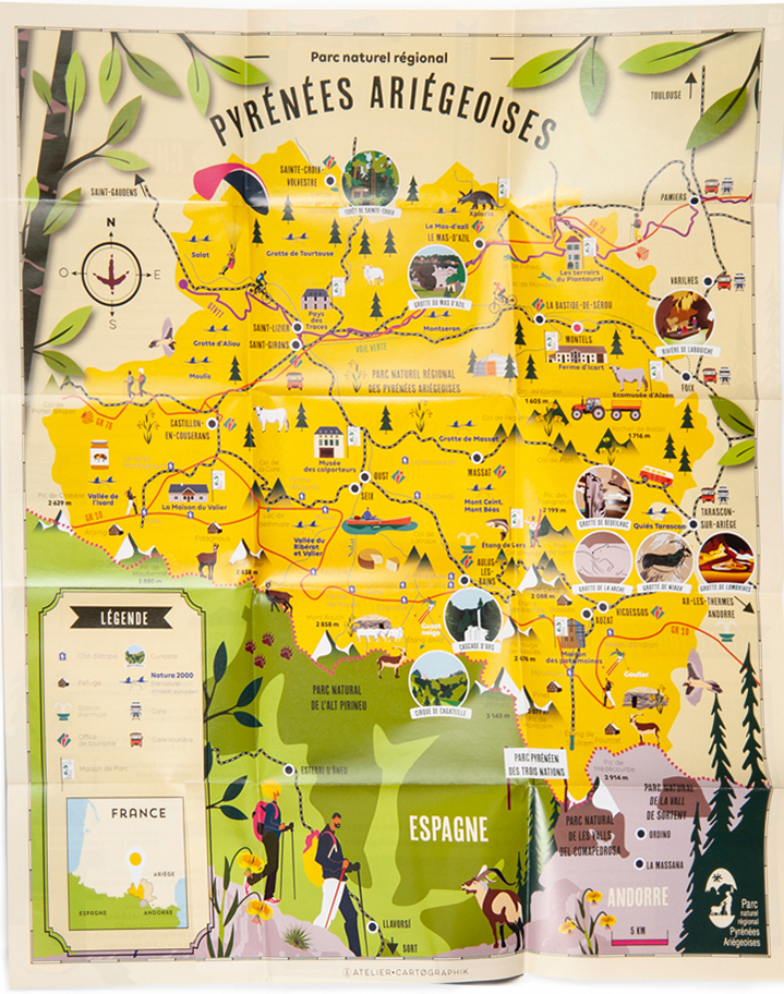 Carte touristique, carte illustrée, parc naturel régional, Pyrénées Ariégeoises © L'Atelier Cartographik