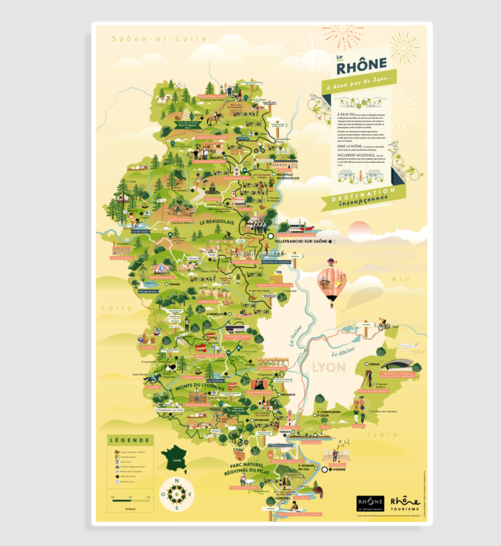 carte touristique illustrée du Rhône, Monts du Lyonnais au Beaujolais, du parc du Pilat à Lyon.. © Atelier Cartographik