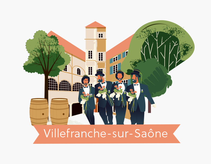 Villefranche sur Saonne, illustration, conscrits, cour renaissance, Rhône tourisme