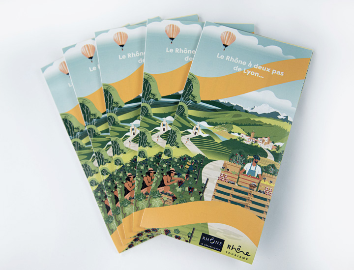 La Rhone à deux pas de Lyon, Illustration, couverture, paysage illustré, marché, vignoble, design graphique