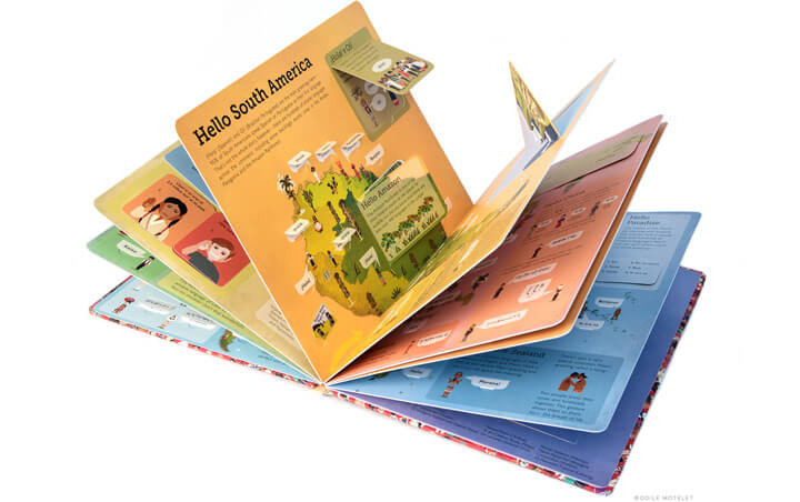 Hello World, Edition jeunesse, flap, différents languages parlés dans le monde, personnages typiques illustrés, costumes traditionnels © L'Atelier Cartographik