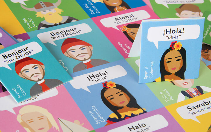 Hello World, Edition jeunesse, flap, différents languages parlés dans le monde, personnages typiques illustrés, costumes traditionnels © L'Atelier Cartographik